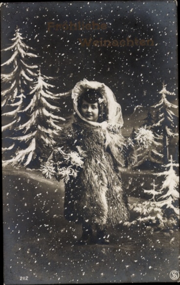 Postcard Congratulations Christmas, child, snow, fir trees