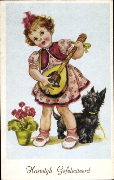 Postcard Congratulations, girl with dog and mandolin