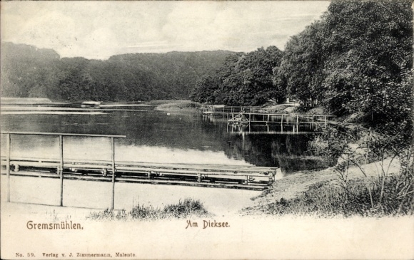 Ak Gremsmühlen Malente in Ostholstein, Idyllische Landschaft, Dicksee, Bootssteg, Bäume, ruhige W