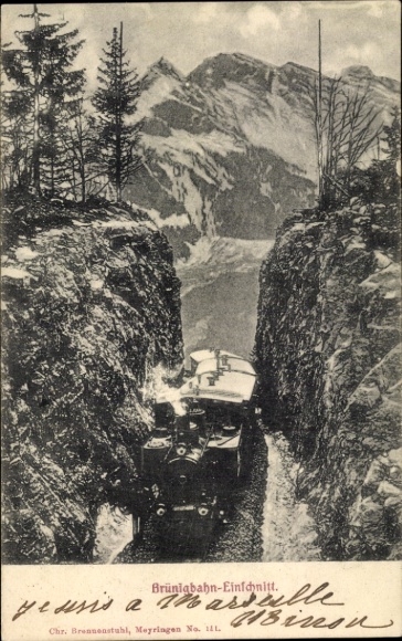 Postcard Brünigbahn cutting, rack railway