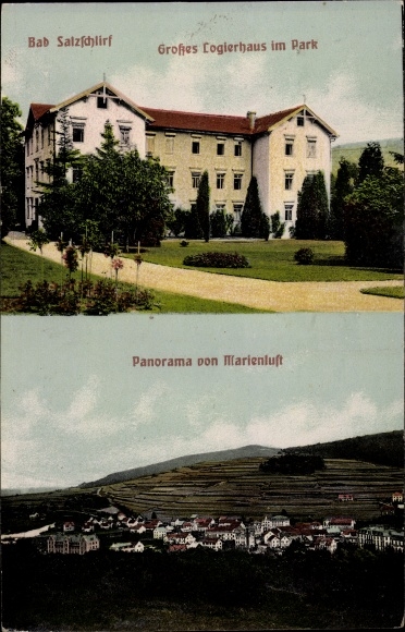 Relief PC Bad Salzschlirf in Hesse, large lodging house in the park, panorama of Marienluft
