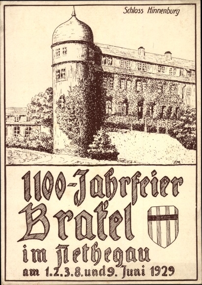Artist Postcard Brakel in Nethegau Westphalia, 1100th anniversary 1929, Schloss Hinnenburg