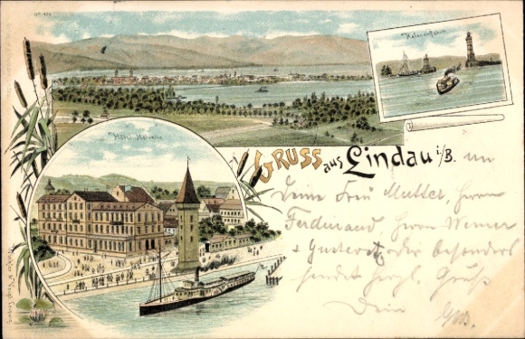 Litho Lindau Bodensee Schwaben, Panorama, Hafeneinfahrt, Hotel Helvetia, Dampfer