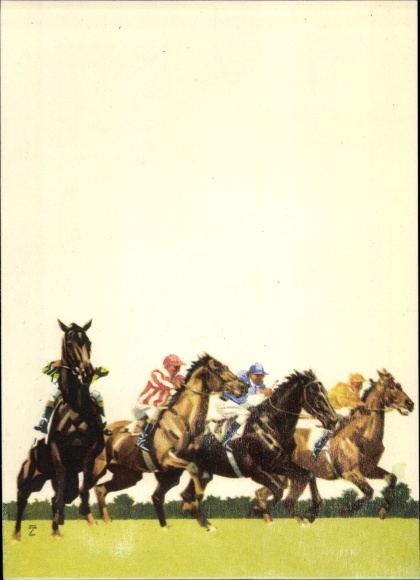 Künstler Ak Hohlwein, Ludwig, Hoppegarten, Vollblutpferde, Jockeys, Pferderennen