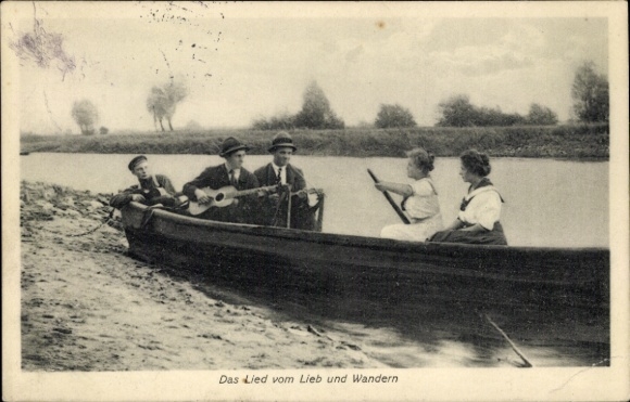 Postcard Britz near Eberswalde Brandenburg, The Song of Love and Wandering, making music in a boat on the beach