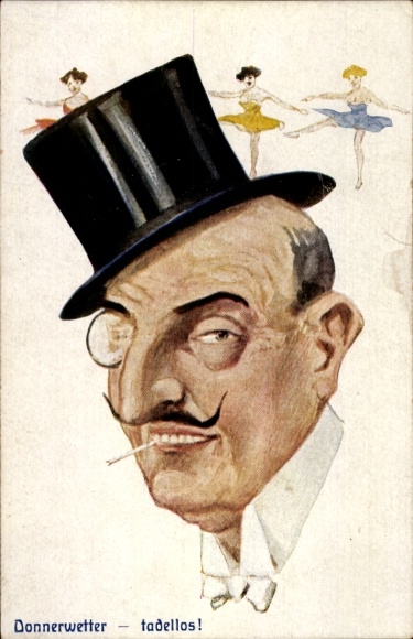 Postcard Donnerwetter - flawless, man with top hat and monocle, dancing women