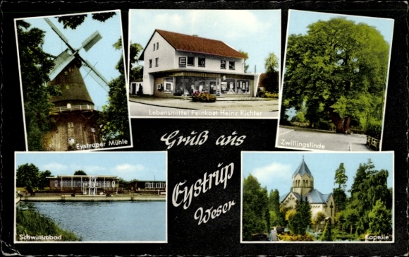 Postcard Eystrup Lower Saxony, windmill, swimming pool, twin lime tree, chapel, shop Heinz Richter
