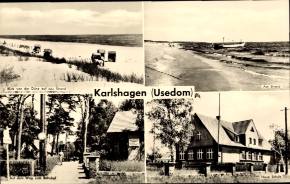 Postcard Ostseebad Karlshagen on Usedom, beach, new school, way to the train station