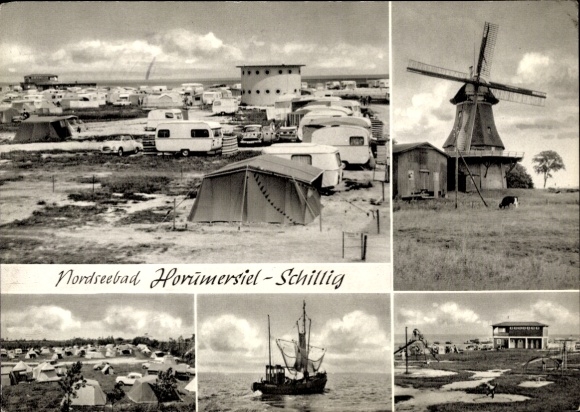 Postcard Horumersiel Schillig Wangerland in Friesland, campsite, fishing boat, playground