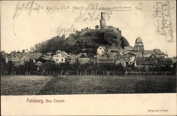 Postcard Felsberg Schwalm Eder district of Hesse, view of the town with Felsburg, butter churn tower, church