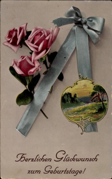 Postcard congratulations birthday, flowers, bow, roses
