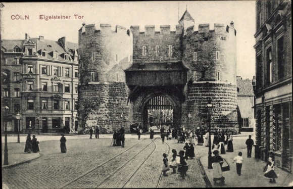 Postcard Cologne on the Rhine, Eigelsteiner Tor, people on the street, tram, architecture