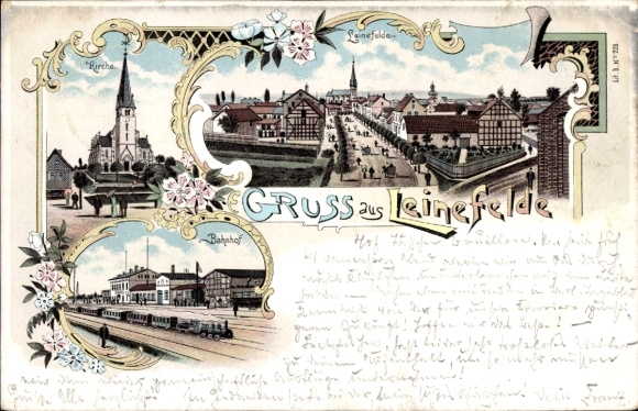 Litho Leinefelde im Eichsfeld Thüringen, Kirche, Bahnhof, Gesamtansicht