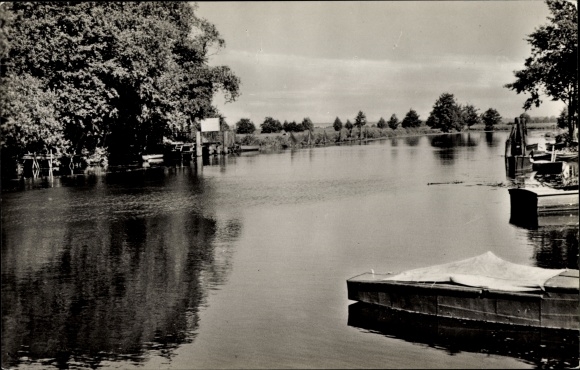 Postcard Schwaan in Mecklenburg, party in the Warnow