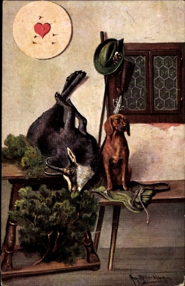Künstler Ak Müller, A., Jagdhund, Jagdbeute, Gewehr