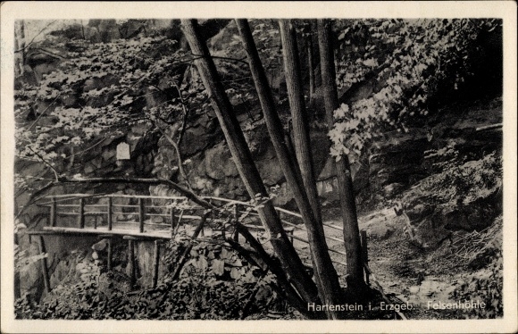 Postcard Hartenstein in the Ore Mountains, restaurant Forsthaus Prinzenhöhle, rock cave