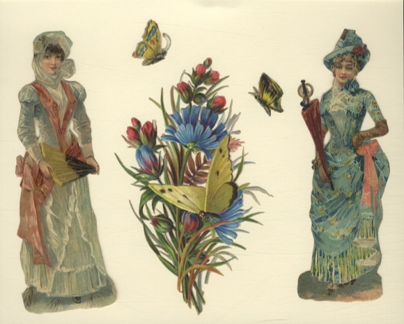 5 Oblaten, Damen mit Fächer u. Regenschirm, Blumen, Schmetterlinge, ca. 13 x 4,5 cm bis 2 x 2 cm
