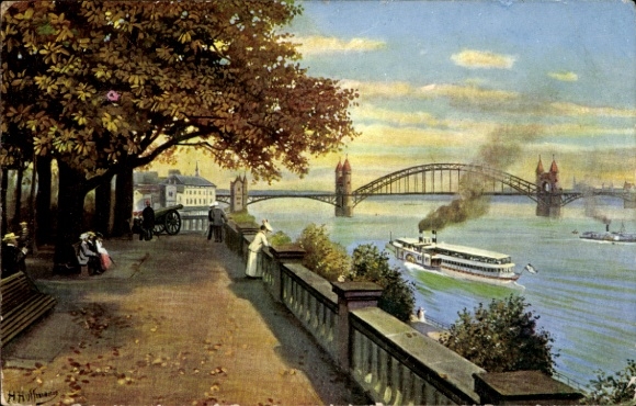 Künstler Ak Hoffmann, H., Bonn am Rhein, Blick vom alten Zoll, Brücke, Boot