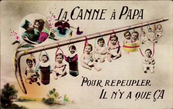 Postcard Babies hang on their father's cane, soldier kisses his wife