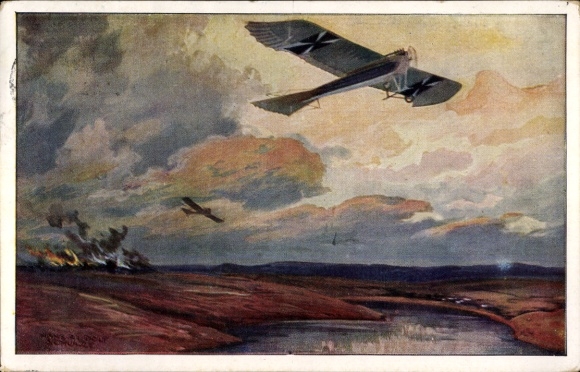 Artist Postcard Schulze, Hans Rudolf, Military pigeon on reconnaissance flight near the Masurian Lakes, I. WK
