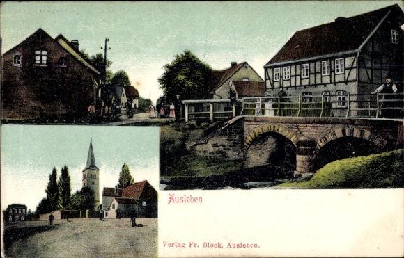 Postcard Ausleben in Saxony Anhalt, partial view, bridge, church