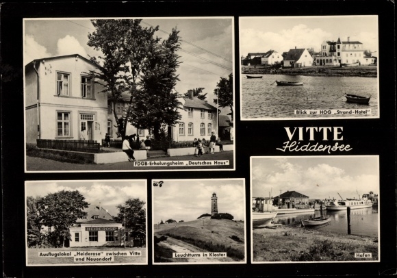 Postcard Vitte Island Hiddensee, lighthouse, harbor, FDGB convalescent home German house, monastery, heather rose