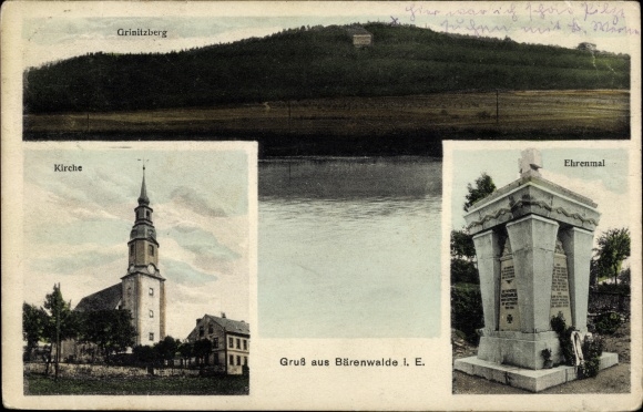 Postcard Bärenwalde Crinitzberg in Saxony, memorial, church