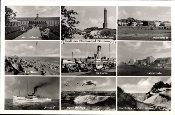 Ak Nordseebad Norderney Ostfriesland, vuurtoren, Marienstraße, Kaiserstraße, Friesland 1, Kurhaus