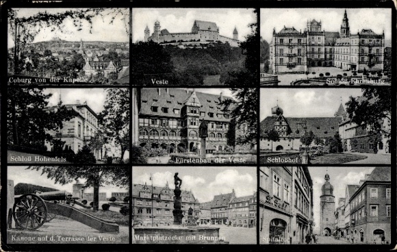Postcard Coburg in Upper Franconia, Veste, Market Square, Fountain, Hohenfels Castle