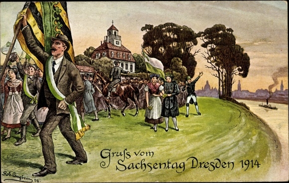 Postwaardestukken kunstenaarskaart Langbein, Rob., Dresden, Sachsentag 1914, parade aan de oevers van de Elbe
