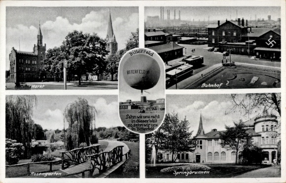 Postcard Bitterfeld in Saxony-Anhalt, market, train station, rose garden, fountain, swastika