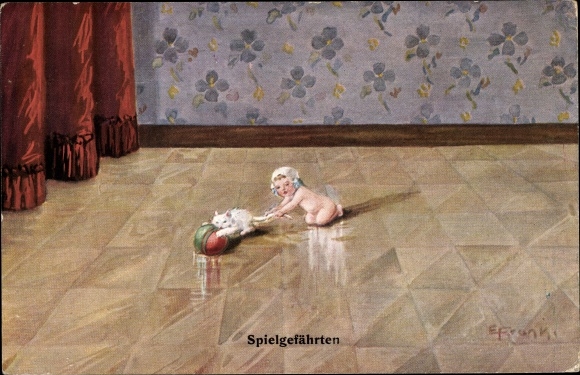 Artist PC Frank, Elly, playmates, baby playing with white cat, WSSB 5959