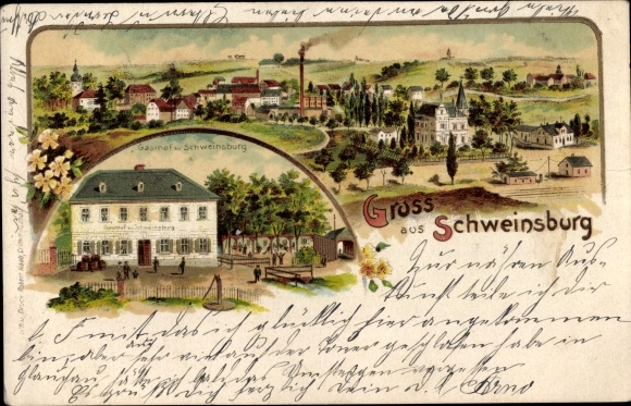 Chromo-Litho Schweinsburg Neukirchen Pleiße, general view, inn