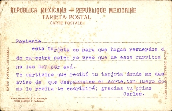 Postcard Mexico, Cargando el Pulque, transport of the national drink