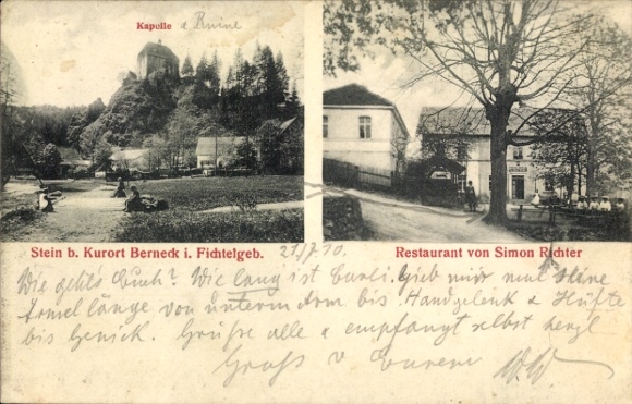 Postcard Bad Berneck in the Fichtelgebirge Bavaria, Stein Castle, chapel, restaurant
