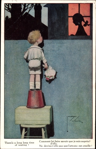 Artist PC Wood, Lawson, There&#39;s a long long time of waiting, boy waiting at the window, bouquet of flowers