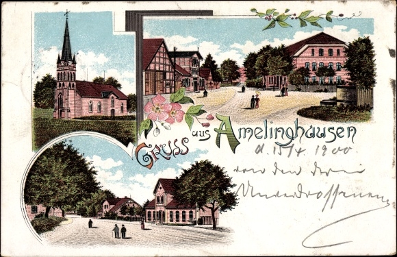 litho Amelinghausen op de Lüneburger Heide, kerk, straat