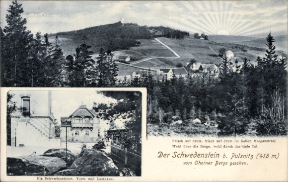 Postcard Pulsnitz, Schwedenstein at sunrise, Lusthaus