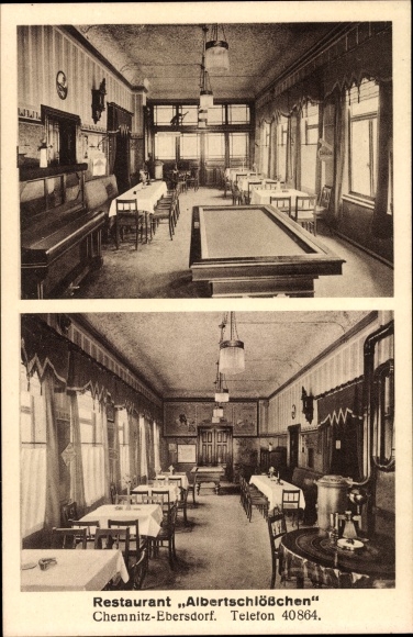 Postcard Ebersdorf Chemnitz in Saxony, Restaurant Albertschlösschen, Frankenbergerstraße 268, billiards
