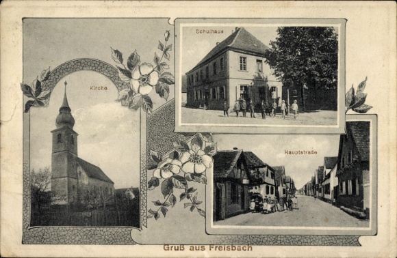 Ak Freisbach in der Pfalz, Kirche, Schulhaus, Hauptstraße