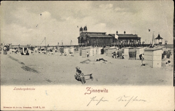 Postcard Ostseebad Zinnowitz on Usedom, landing stage, view of the beach, people on the beach