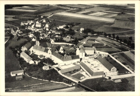 Postcard Niederschönenfeld near Rain am Lech in Bavaria, aerial view of rural surroundings, buildings