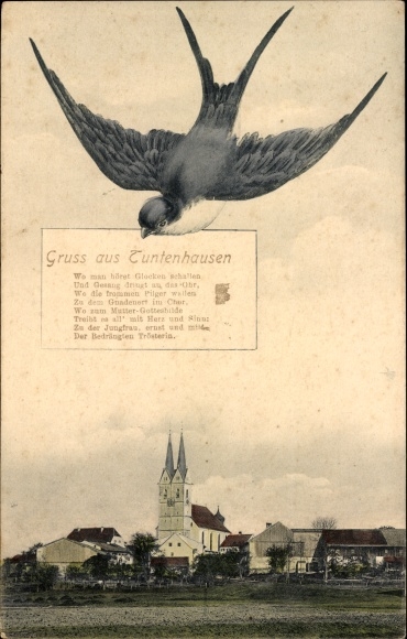 Postcard Tuntenhausen in Upper Bavaria, partial view with church, swallow in flight
