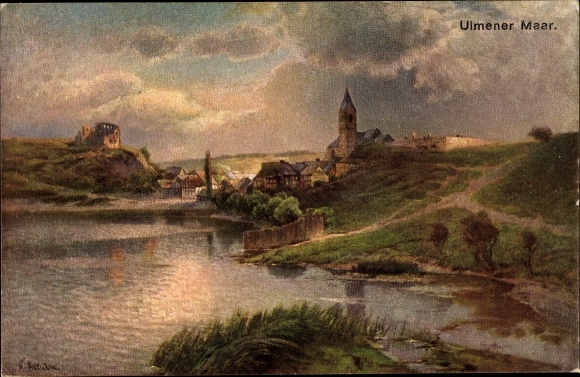 Kunstenaar Postkaart Ulmen in de Eifel, Ulmener Maar, Panorama