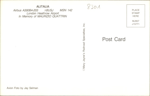 Postcard Italian Passenger Aircraft, Alitalia, Airbus A300B4-203, I-BUSJ