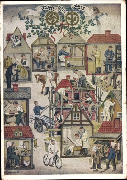 Künstler Ak Harwerth, Reichshandwerkertag 1936, Arbeit und Ehre, Friseur, Bäcker, Töpfer
