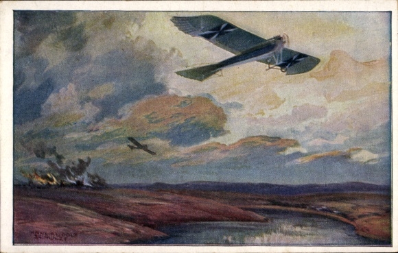 Artist Postcard Schulze, Hans Rudolf, Military pigeon on reconnaissance flight near the Masurian Lakes, World War I