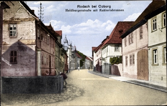 Ak Bad Rodach Oberfranken Beieren, Heldburgerstraße met Kahlertsbrunnen