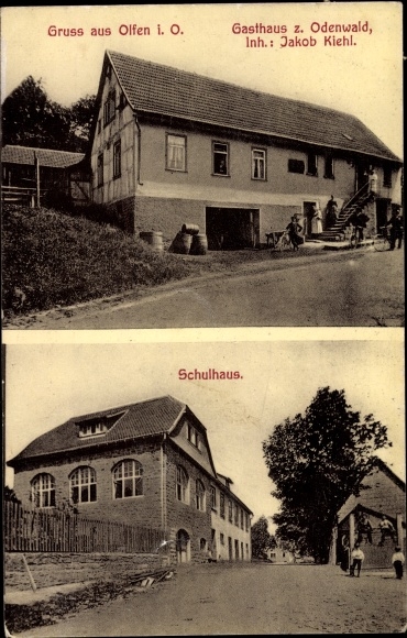Postcard Olfen Beerfelden Oberzent im Odenwald, Inn zum Odenwald, schoolhouse