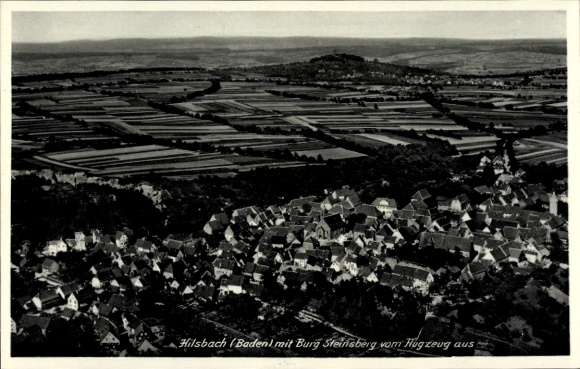 Postcard Hilsbach Sinsheim in Baden, aerial photograph, Steinsberg Castle, landscape, houses